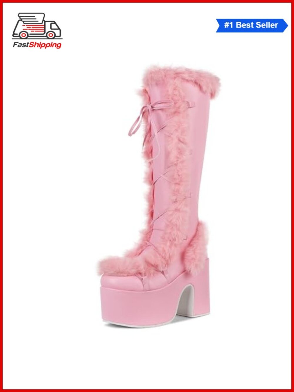Mid Calf Boots Lace Up Zip Block Chunky High Heel Faux Suede Fur Platform